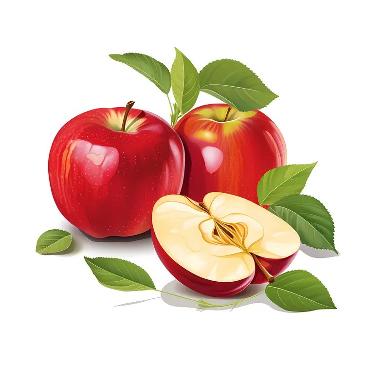 Red Apples with Leaves and Half Apple