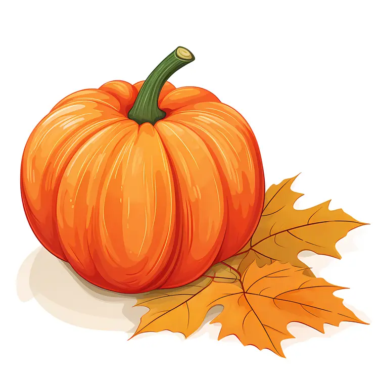 Orange Pumpkin with Autumn Leaves
