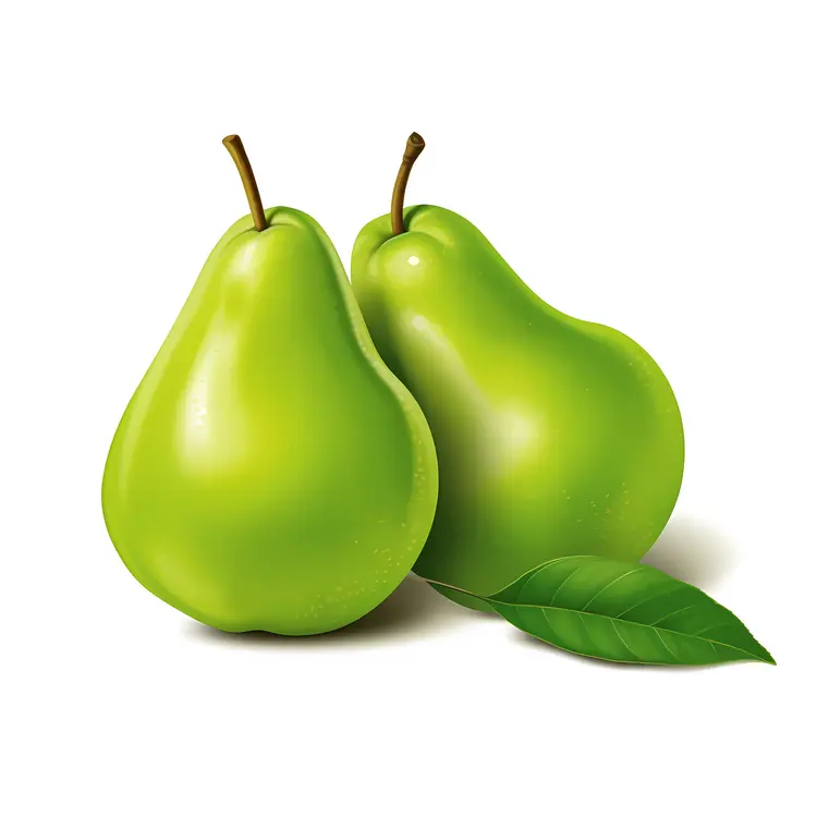 Two Juicy Green Pears with Leaves