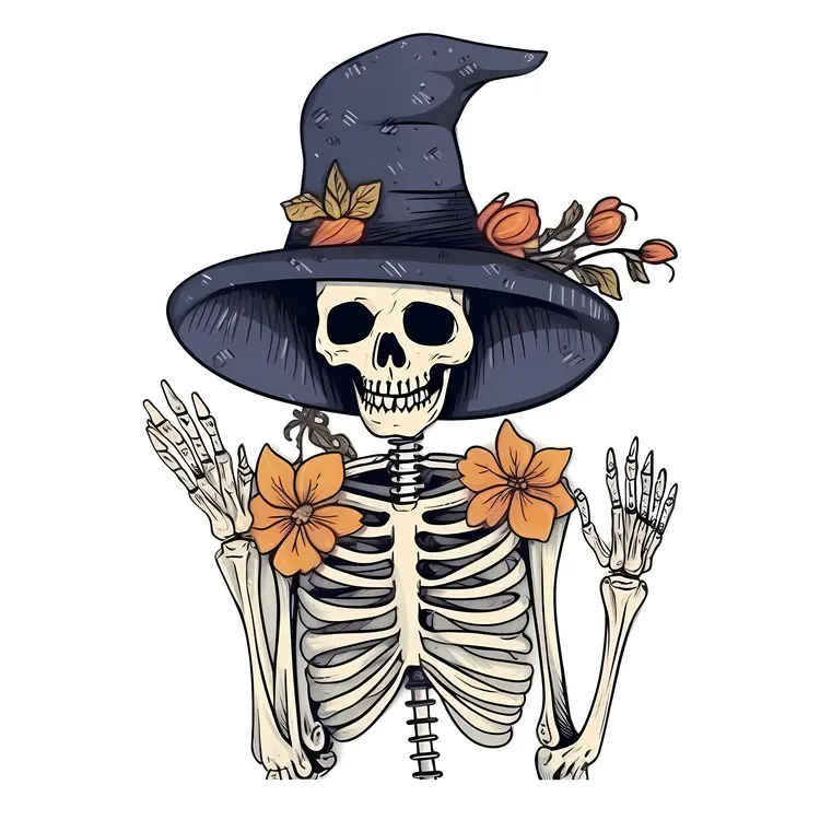 Skeleton with Witch Hat and Flowers