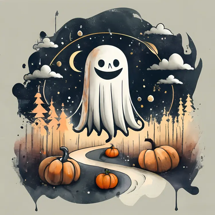 Spooky Ghost and Pumpkins in a Forest