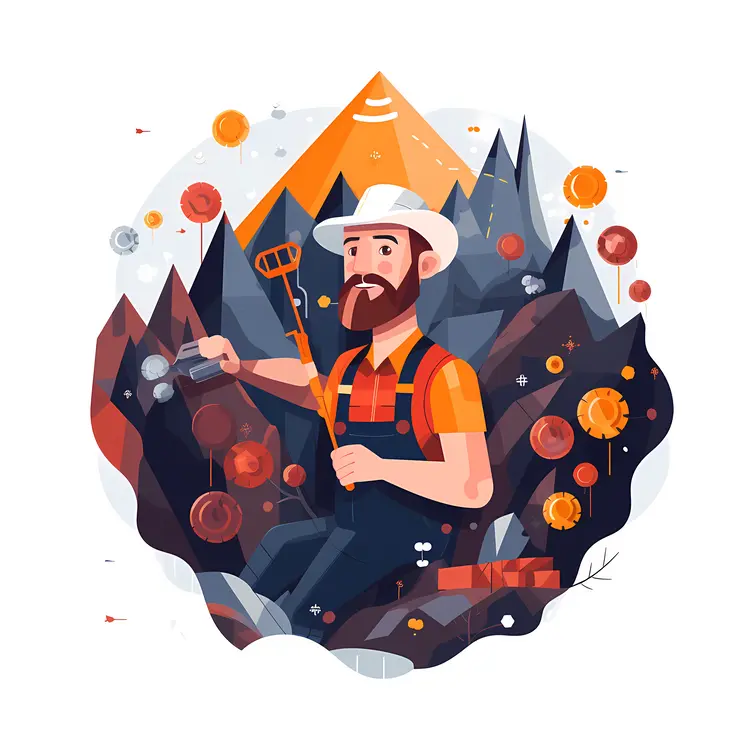 Miner with Tools in a Mountainous Area