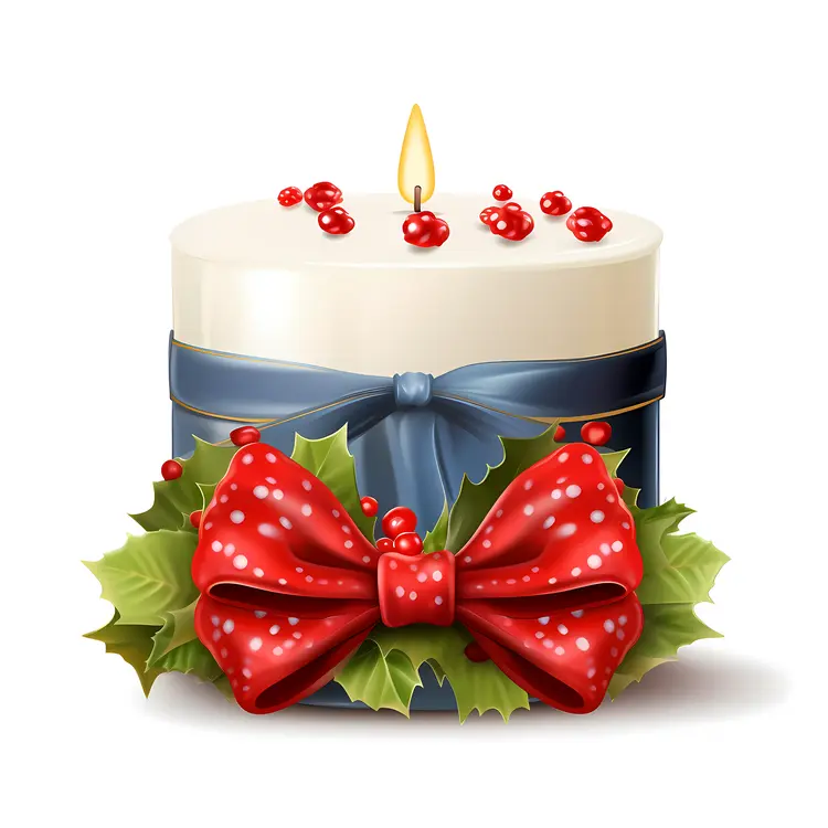Christmas White Candle with Red Bow and Holly Leaves