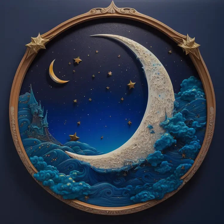 Decorative Crescent Moon with Stars and Clouds in Night Sky