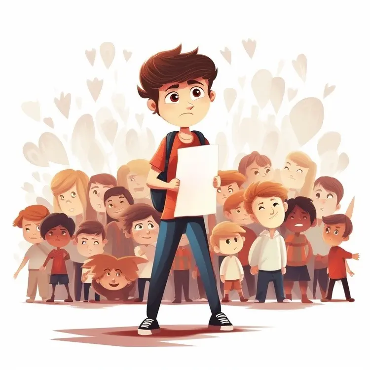Boy Holding Paper in Front of Crowd