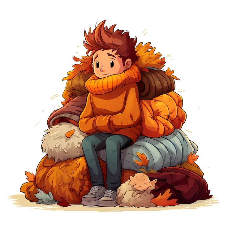 Boy Sitting on a Pile of Sweaters