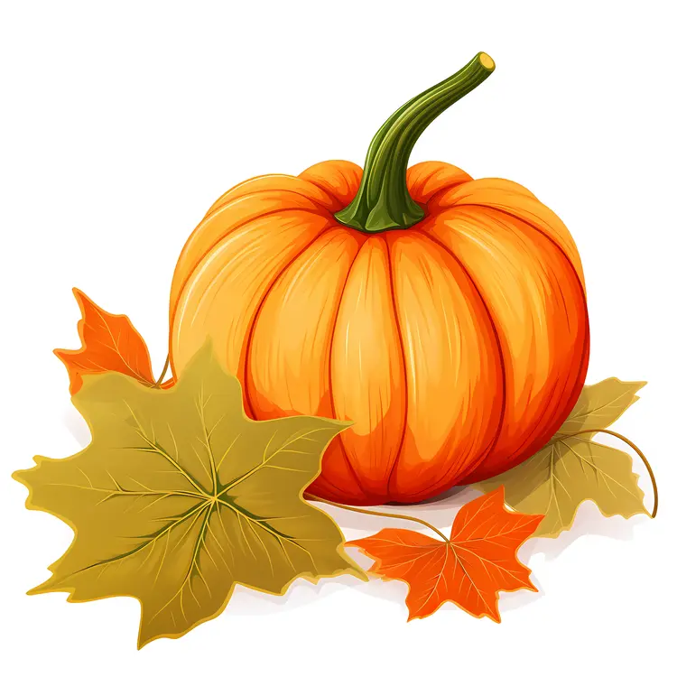 Single Pumpkin with Autumn Leaves