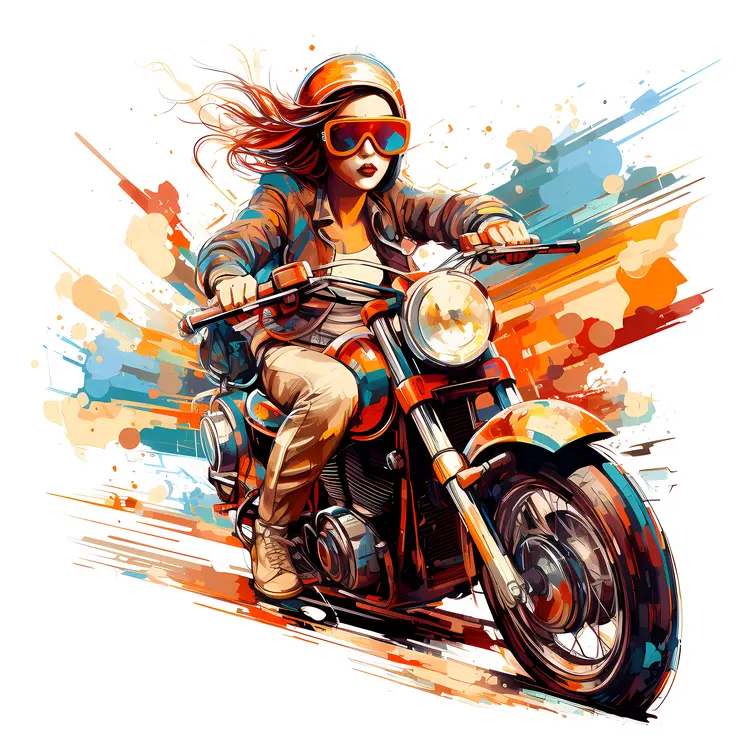 Woman Riding Motorcycle with Colorful Splashes