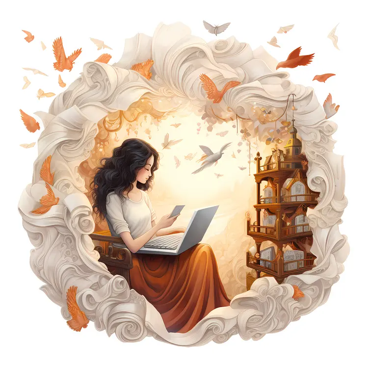 Girl with Laptop in a Fantasy World