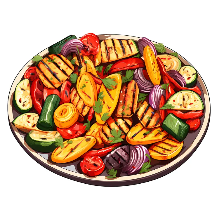 Illustrated Grilled Vegetables on a Round Plate