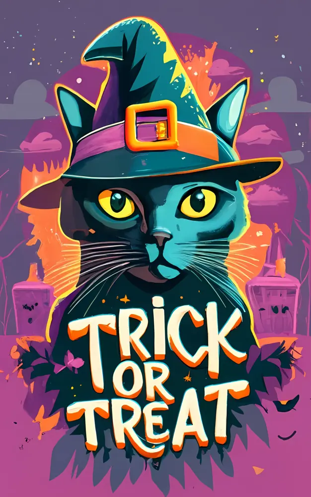 Black Cat in Witch Hat with Trick or Treat Text