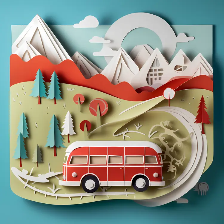 Red Bus in Scenic Mountain Landscape