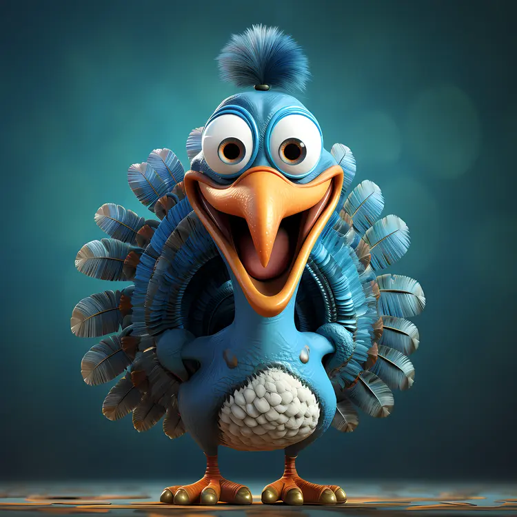 Blue Cartoon Bird with Feathers