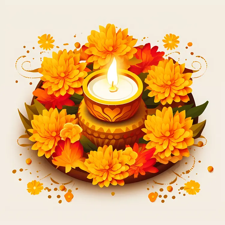 Diya Lamp with Marigold Flowers for Diwali
