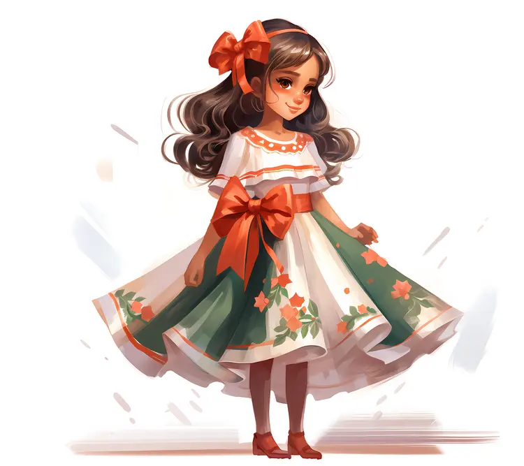 Festive Girl in White Dress with Red Bow