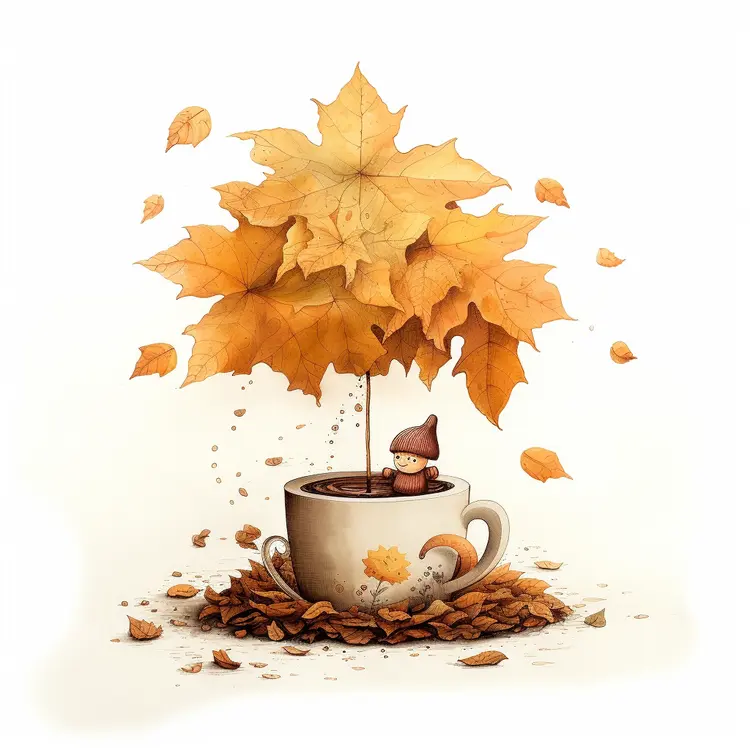 Coffee cup with autumn leaves and umbrella