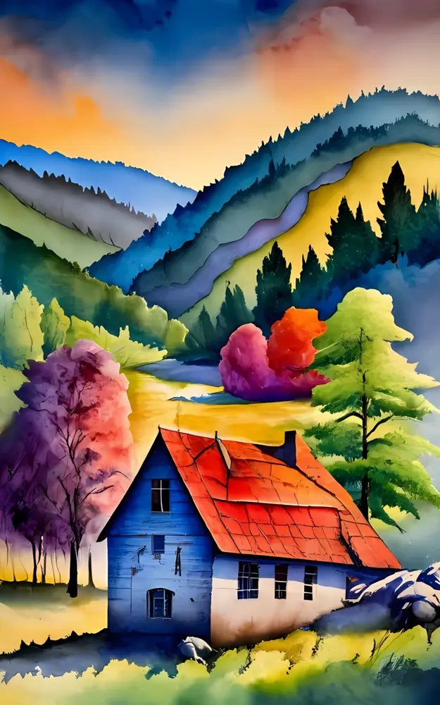 Blue House in a Picturesque Countryside Setting