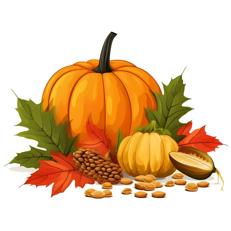 Orange Pumpkin with Autumn Leaves and Nuts