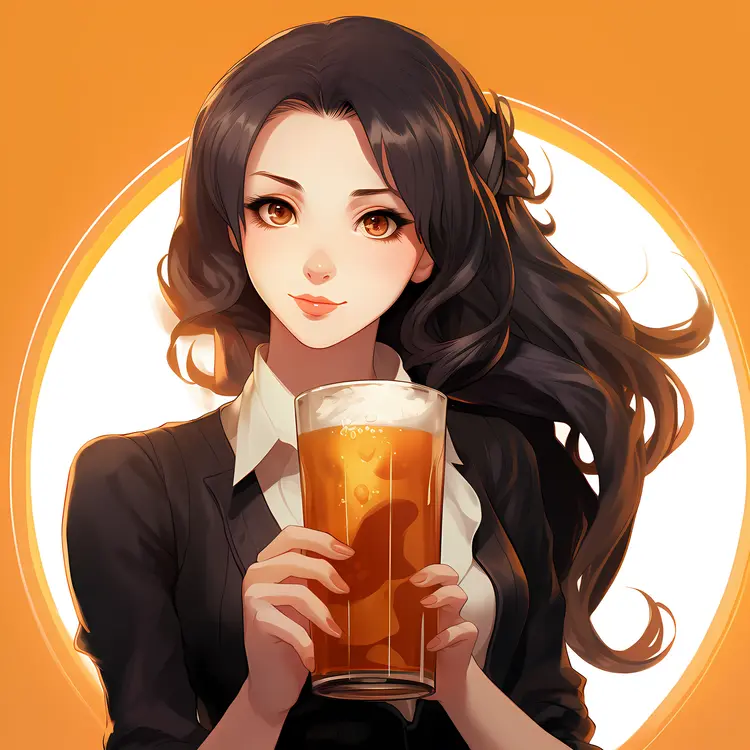 Black-Haired Girl with Beer in Anime Style