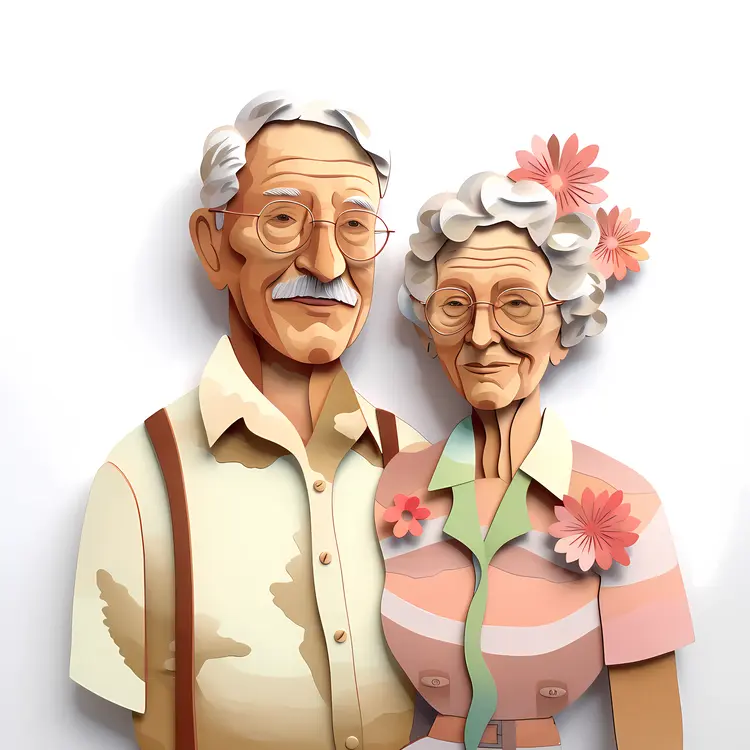 Paper Art Elderly Couple with Flowers