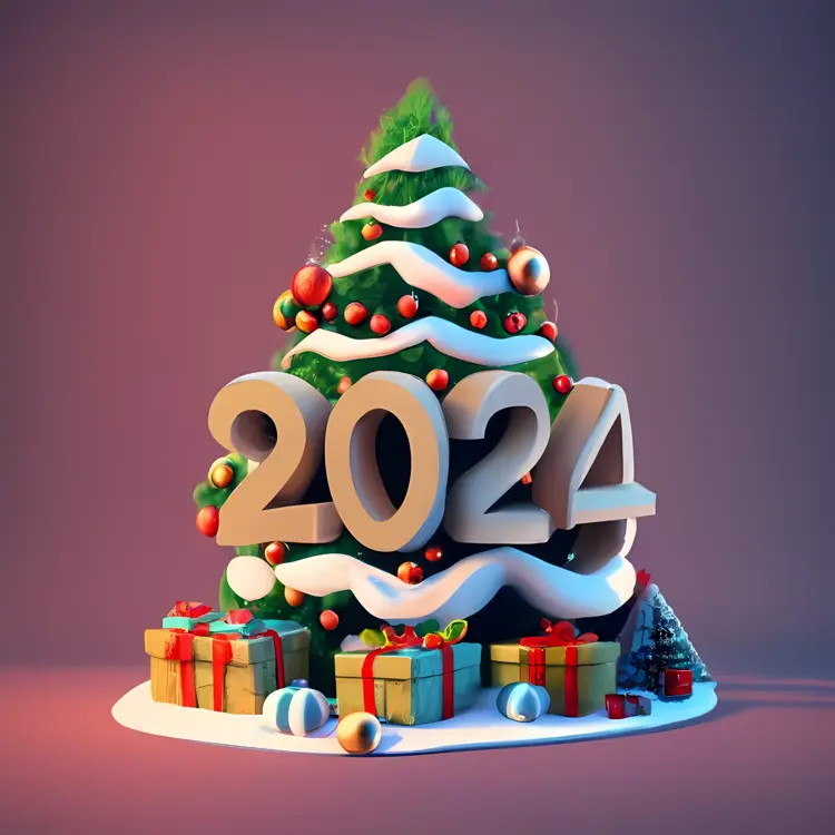 Festive Christmas Tree with 2024 and Presents