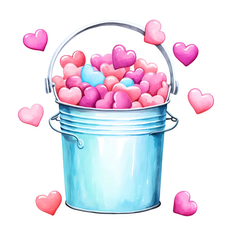 Blue Bucket Filled with Colorful Hearts