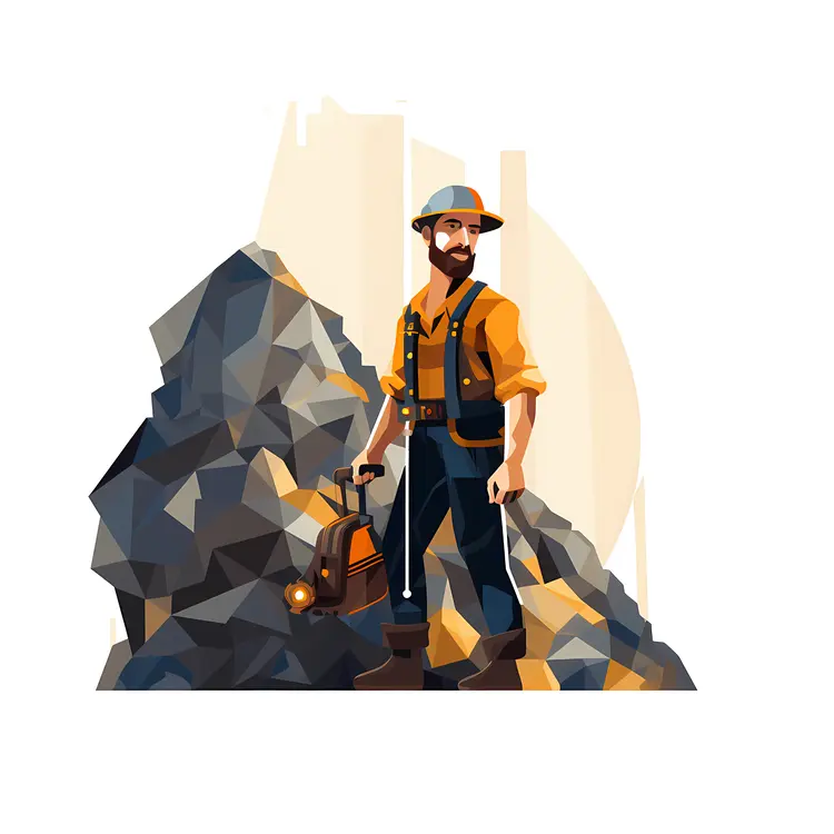Miner with Tools in a Rocky Landscape