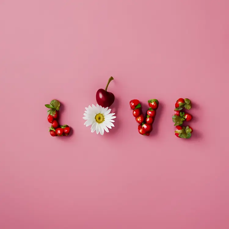 Love Text with Strawberries and Cherry on Pink Background