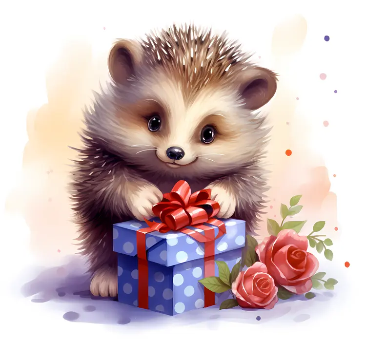 Cute Hedgehog with Gift and Roses