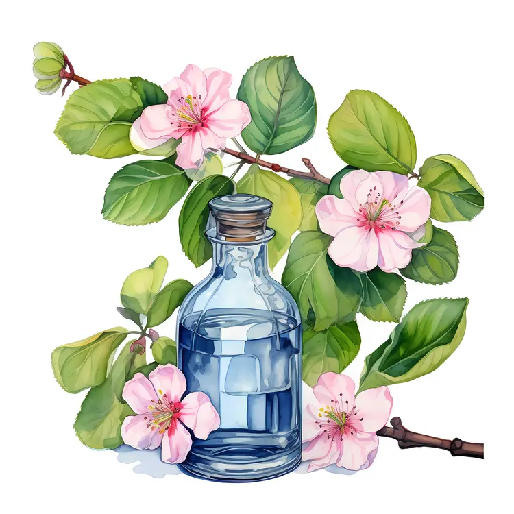 Glass Bottle with Pink Flowers and Green Leaves