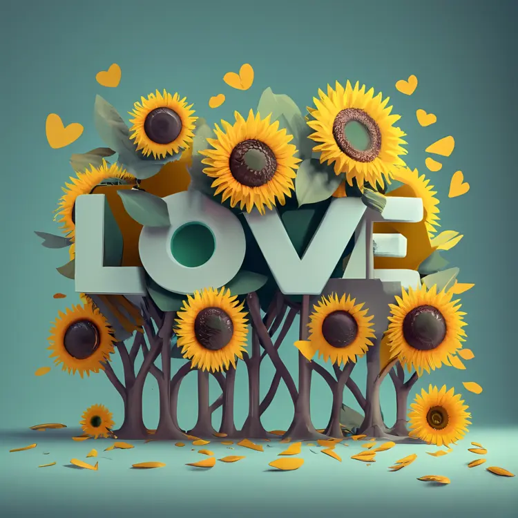 Love Text with Sunflowers and Hearts