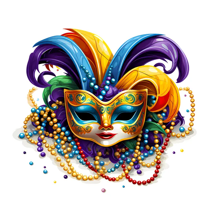 Colorful Mask with Feathers and Beads for Mardi Gras