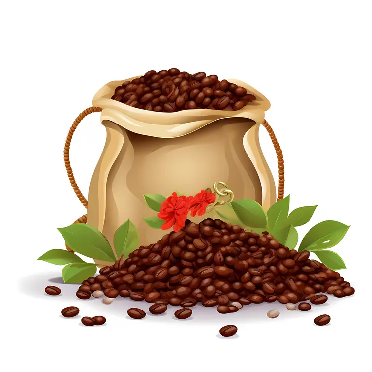 Coffee Beans in Bag with Leaves