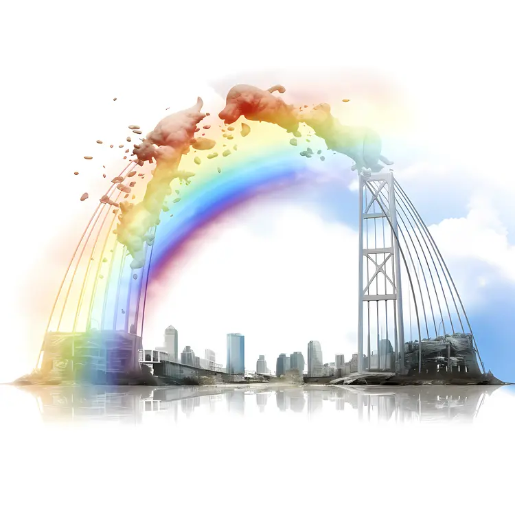 Rainbow Suspension Bridge with Cityscape