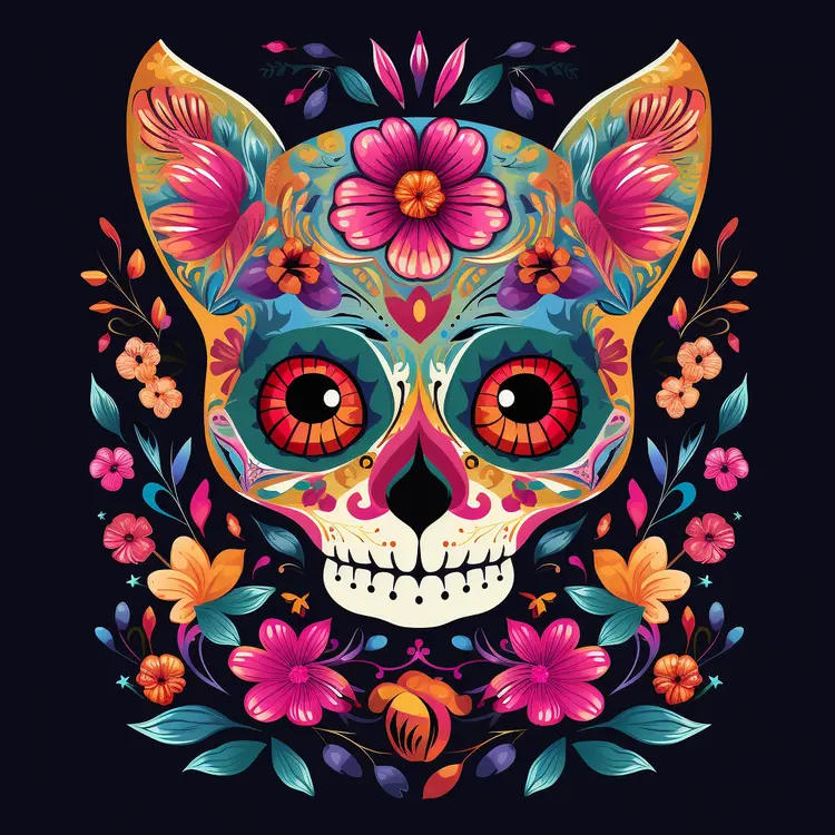 Colorful Sugar Skull with Floral Decorations for Day of the Dead