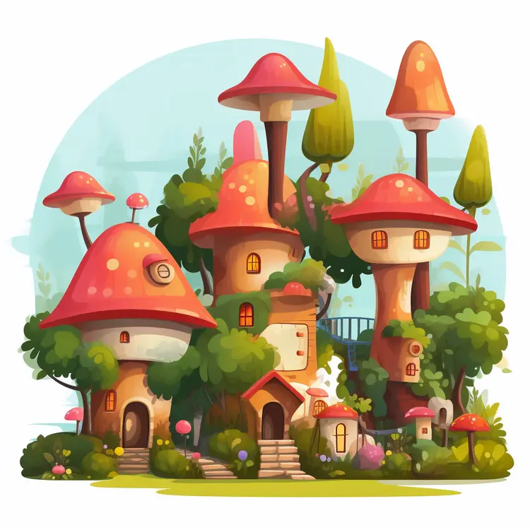 Whimsical Mushroom House Cluster