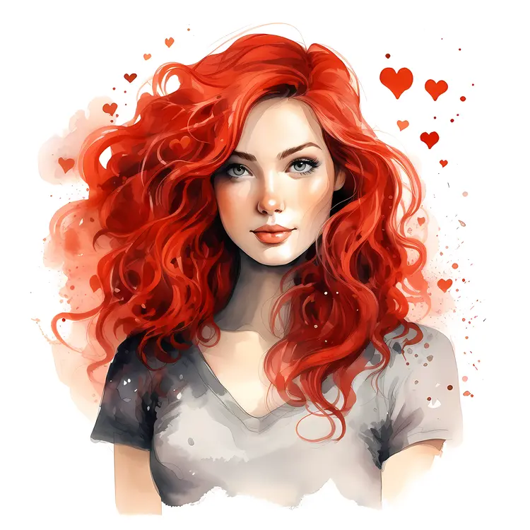 Red-Haired Woman with Hearts and Curly Hair