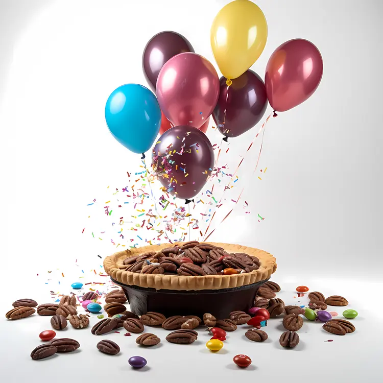 Festive Pecan Pie with Balloons and Confetti