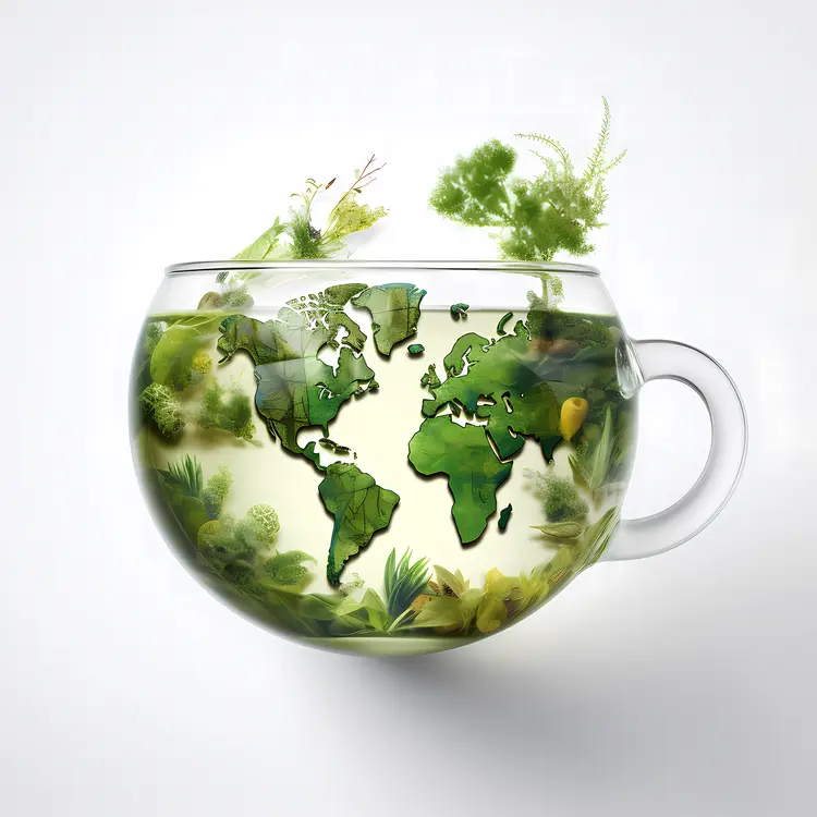 Glass Teacup with World Map and Leaves
