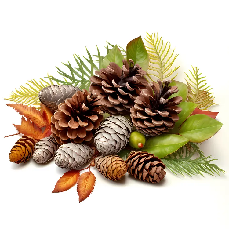 Autumn Pine Cones and Colorful Leaves