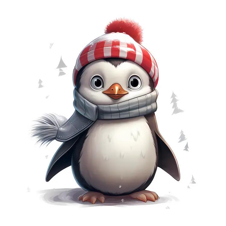 Cute Penguin with Red and White Striped Hat and Scarf