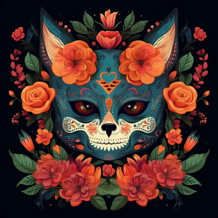 Colorful Cat Mask with Floral Design for Day of the Dead Celebration