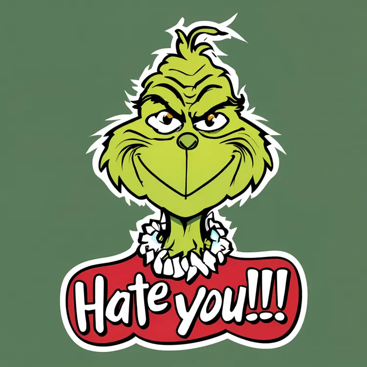 Grumpy Green Character with Santa Hat and 'Hate You' Text