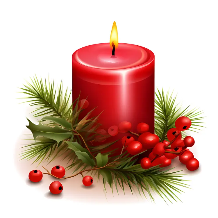 Red Candle with Holly and Berries