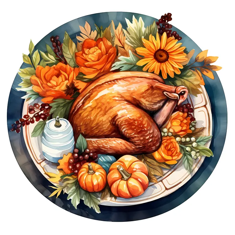 Roasted Turkey with Pumpkins and Flowers for Thanksgiving