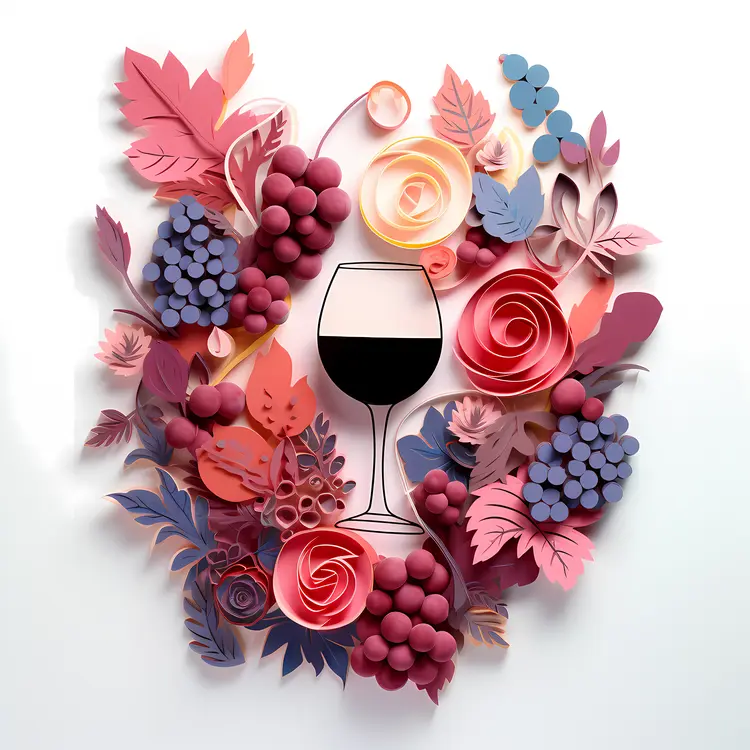 Autumn Wine and Grapes with Leaves and Flowers