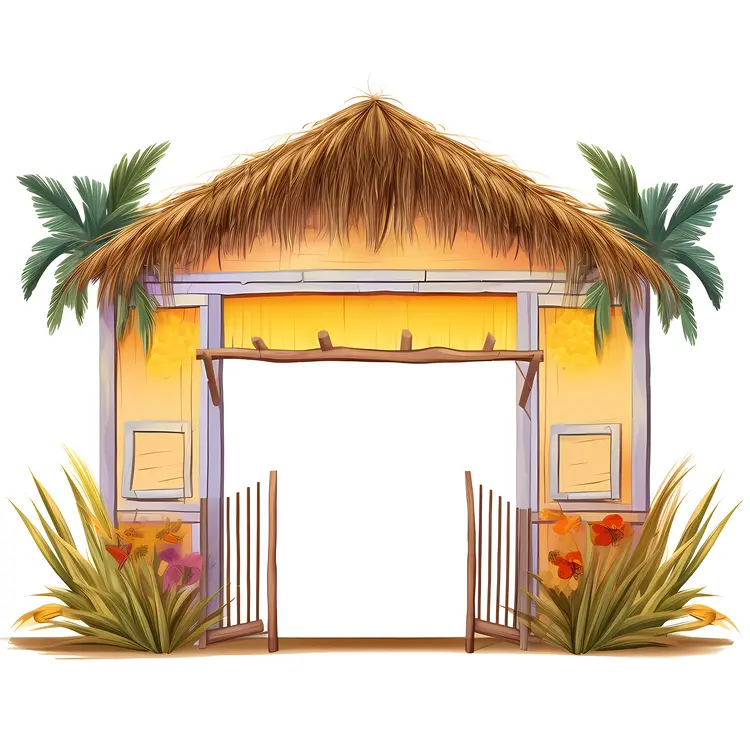 Tropical Hut with Palm Trees and Thatched Roof