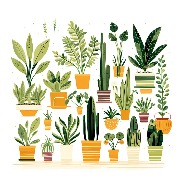 Collection of Potted Plants in Various Pots