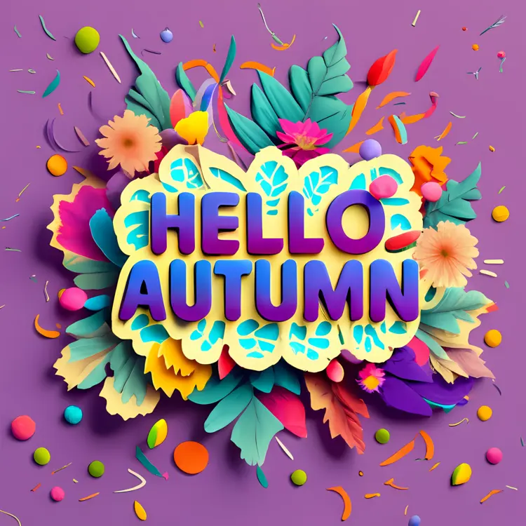Hello Autumn Text with Colorful Leaves
