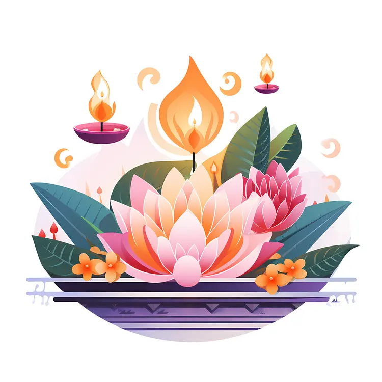 Pink Lotus Flower with Candles and Leaves